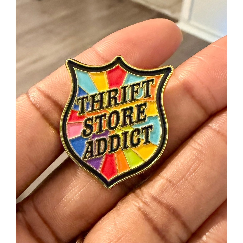 Thrift Store Addict Enamel Pin Rainbow Shield Badge